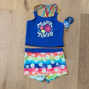 NWT Hatley Girls Two Piece Blue Flower Power Shorts Swimsuit size 12